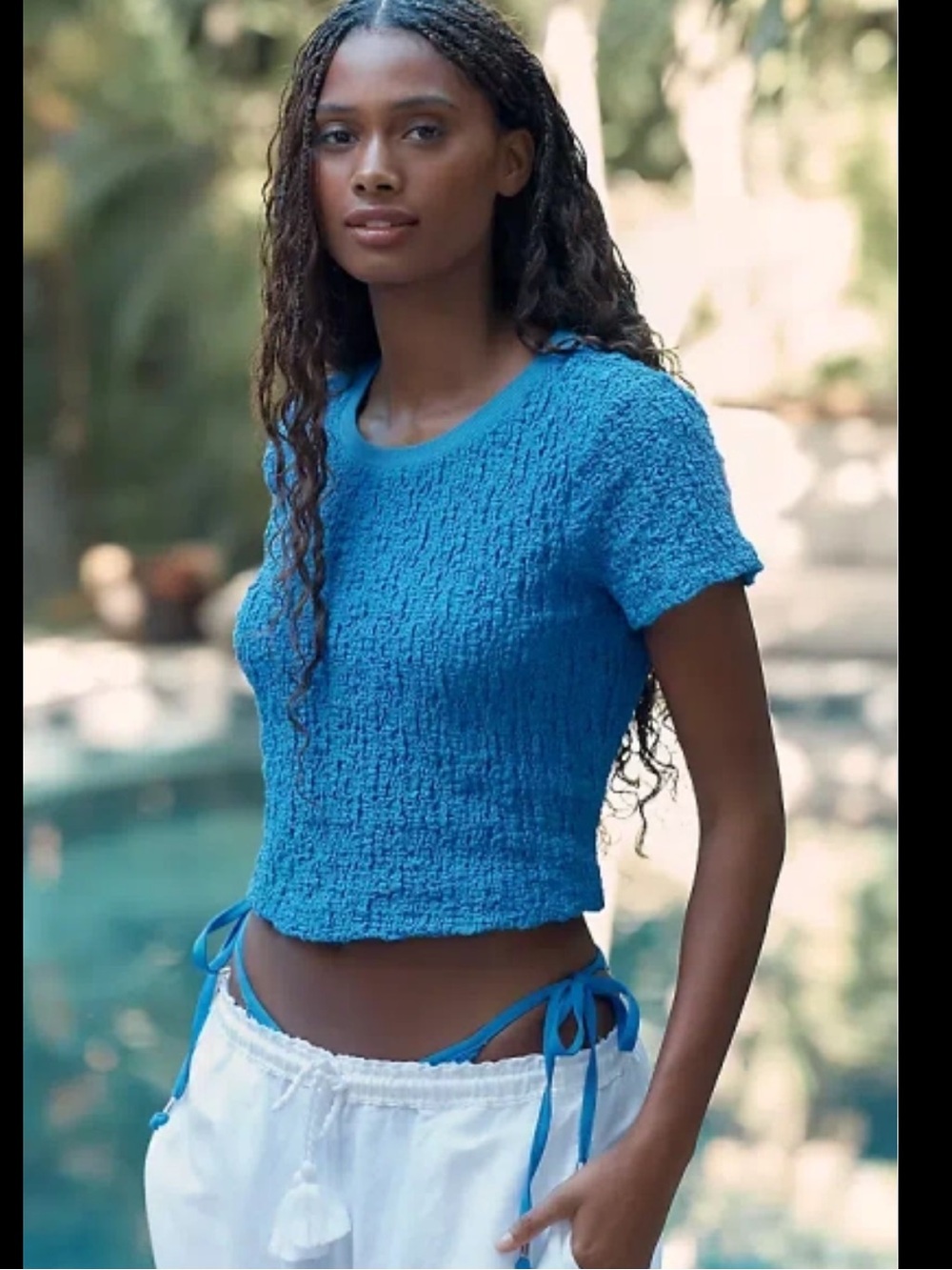 Anthropologie Blue Textured Short-Sleeve Crop Top